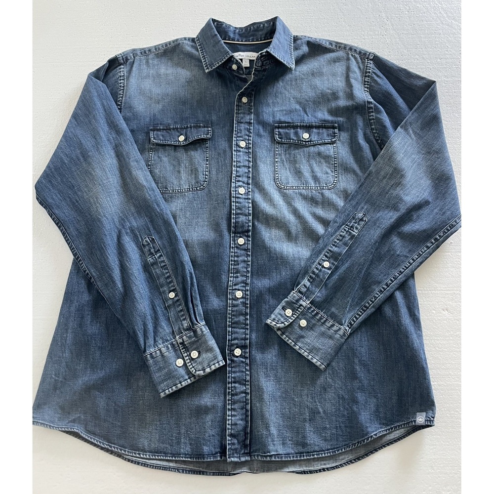 Mens PETER MILLAR Long Sleeve Denim Shirt Cotton Button Down Sz Large